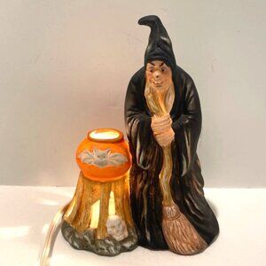Vintage The Good Company Halloween Ceramic Witch w/ Broom & Cauldron Lighted